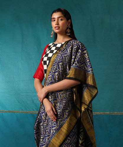 Electric_Blue_And_Black_Handloom_Pure_Raw_Silk_Ikat_Patola_Saree_With_Zari_Jaal_WeaverStory01