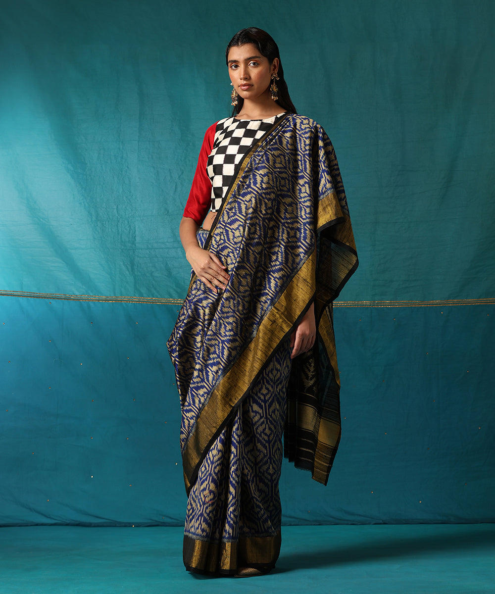 Electric_Blue_And_Black_Handloom_Pure_Raw_Silk_Ikat_Patola_Saree_With_Zari_Jaal_WeaverStory02