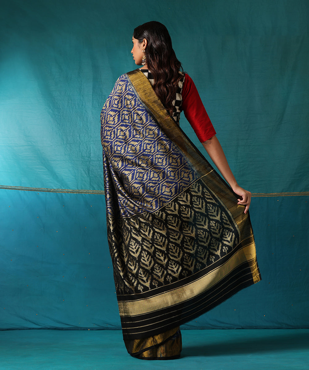 Electric_Blue_And_Black_Handloom_Pure_Raw_Silk_Ikat_Patola_Saree_With_Zari_Jaal_WeaverStory03