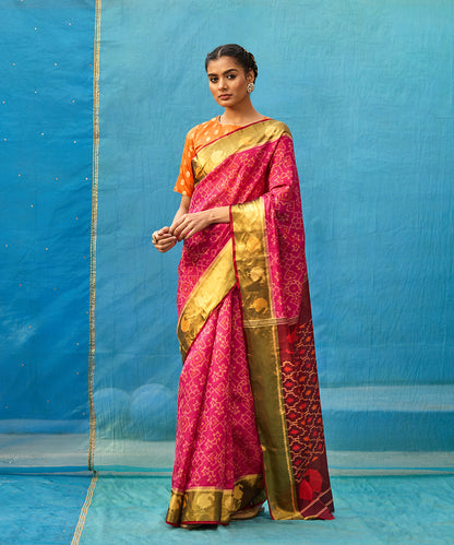 Handloom Pink And Maroon Pure Mulberry Silk Ikat Patola Saree With Tissue Border