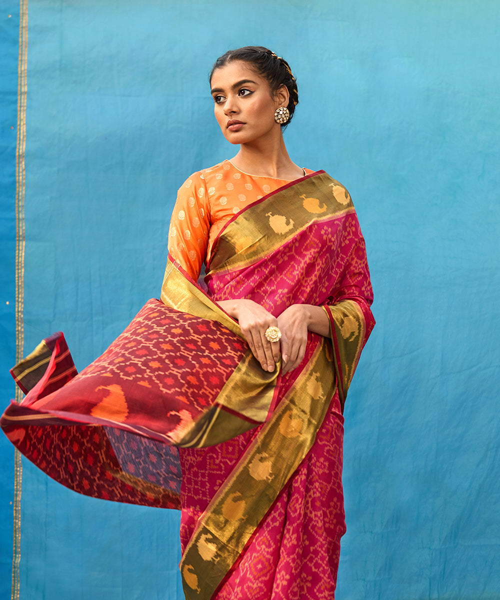 Handloom Pink And Maroon Pure Mulberry Silk Ikat Patola Saree With Tissue Border