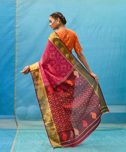 Handloom Pink And Maroon Pure Mulberry Silk Ikat Patola Saree With Tissue Border