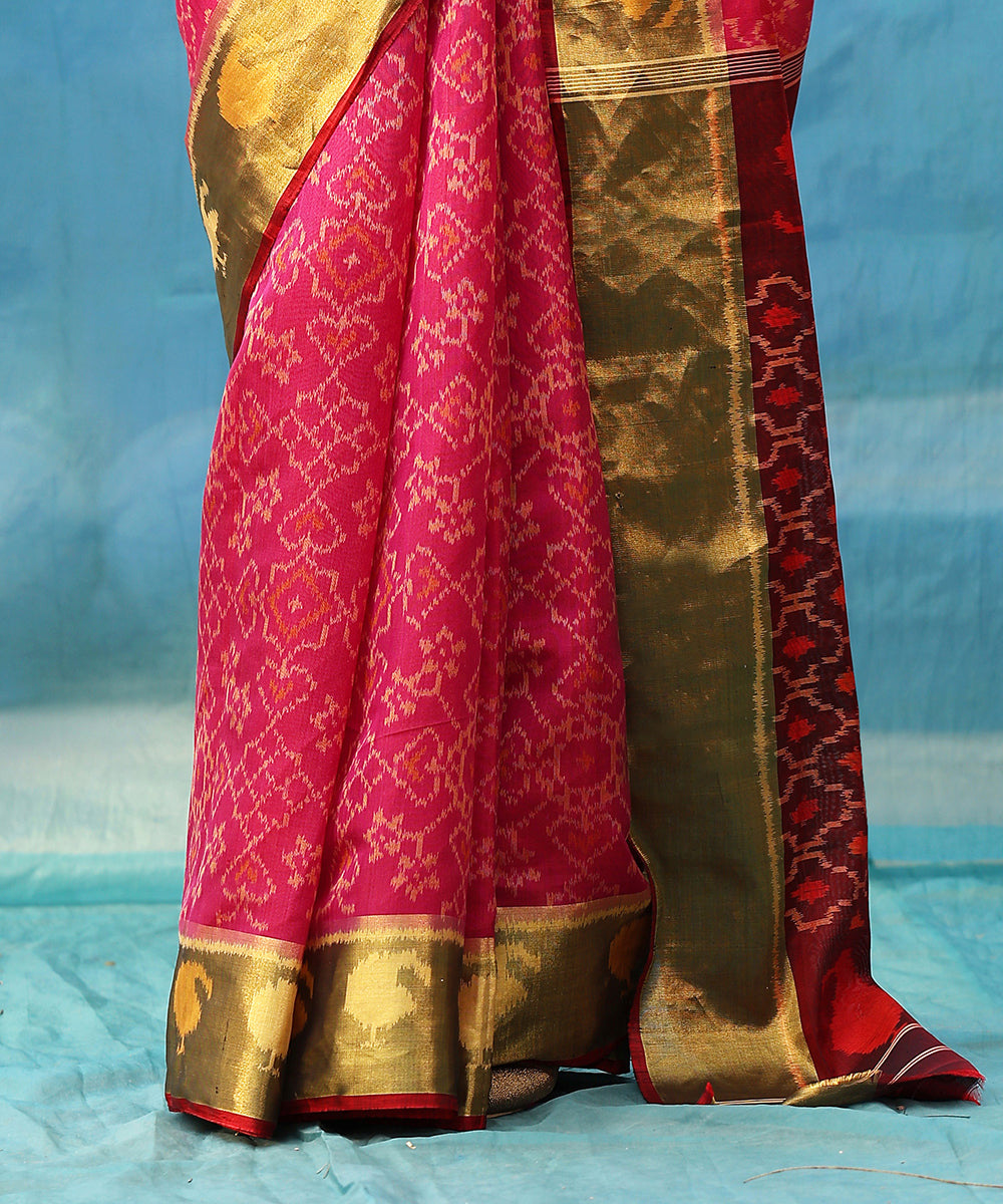 Handloom Pink And Maroon Pure Mulberry Silk Ikat Patola Saree With Tissue Border