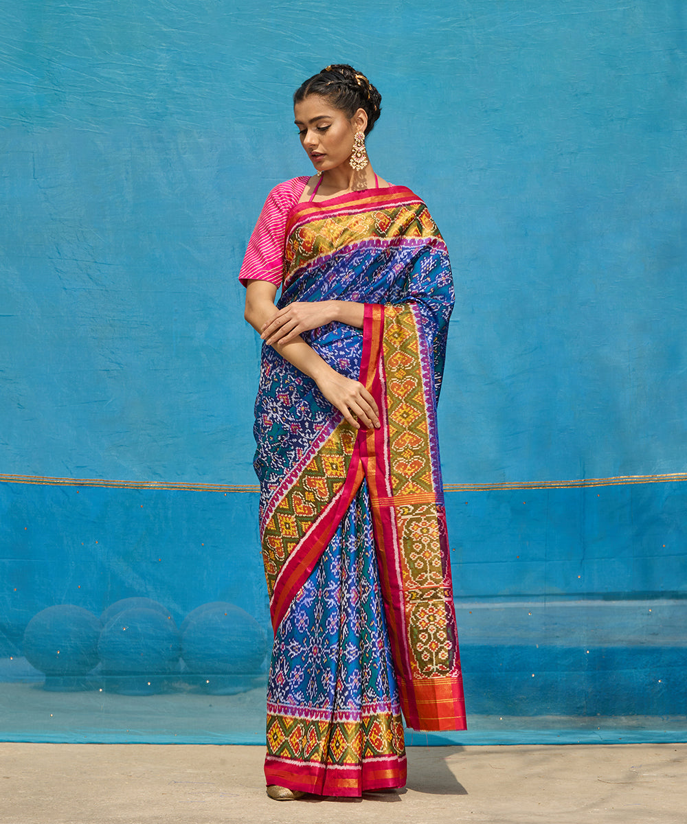 Blue_And_Purple_Pure_Mulberry_Silk_Ikat_Patola_Saree_With_Tissue_Border_WeaverStory_01