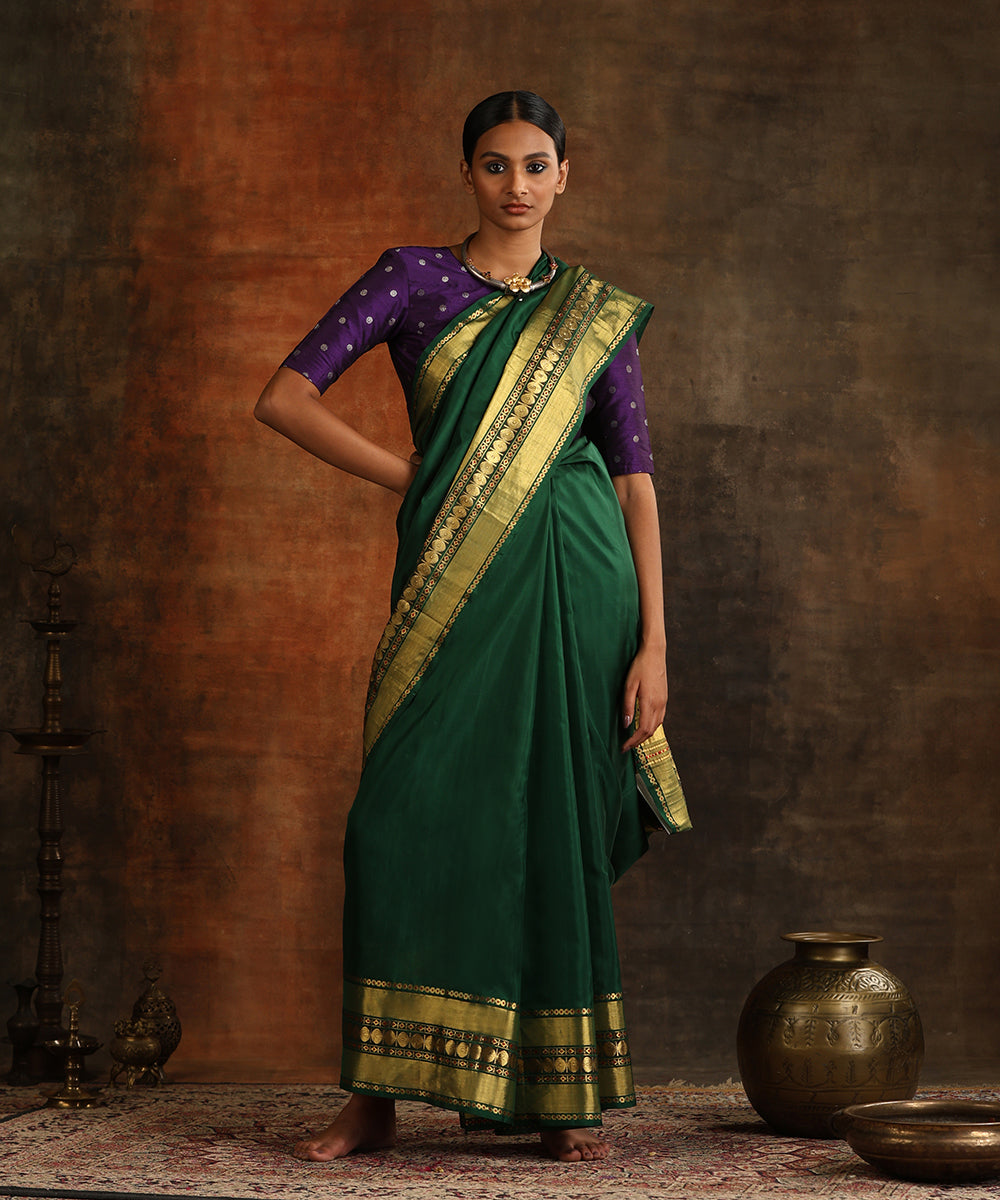 Handloom_Bottle_Green_Pure_Silk_Venkatagiri_Revival_Revival_Saree_With_Rudraksha_Border_WeaverStory_02