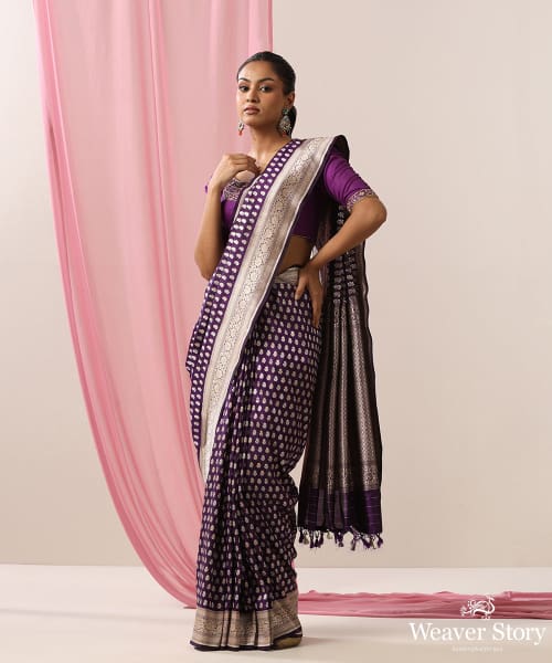 Purple_Handloom_Pure_Katan_Silk_Banarasi_Saree_With_Gold_And_Silver_Zari_Booti_WeaverStory_02