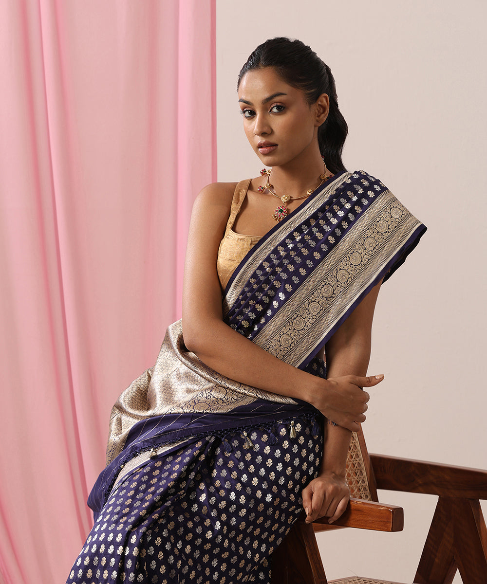 Ink_Blue_Handloom_Pure_Katan_Silk_Banarasi_Saree_With_Gold_And_Silver_Zari_Booti_WeaverStory_01