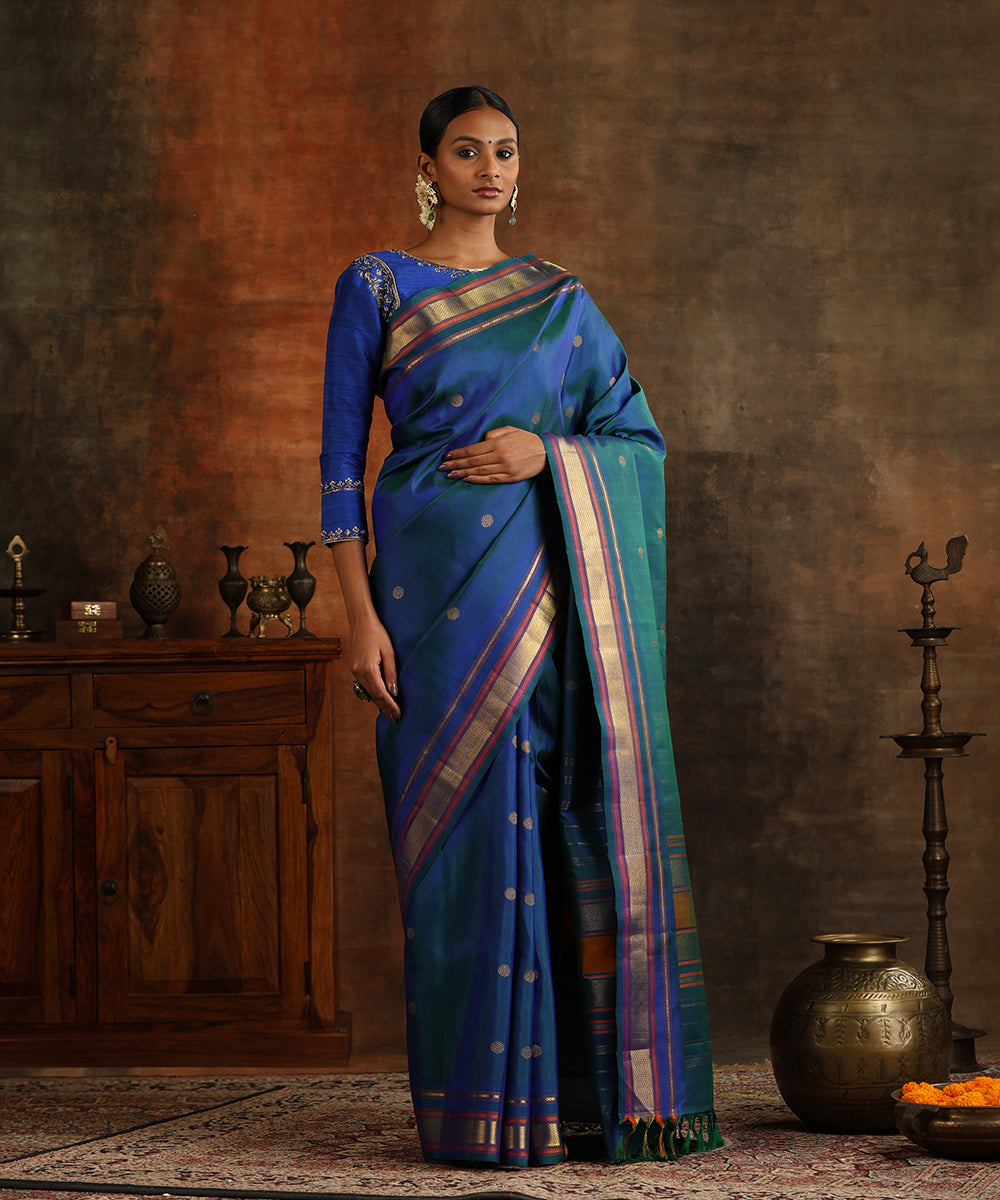 Handloom_Peacock_Blue_Pure_Silk_Kanjivaram_Saree_With_Pure_Zari_And_Veldhari_And_Rudraksh_Design_WeaverStory_01