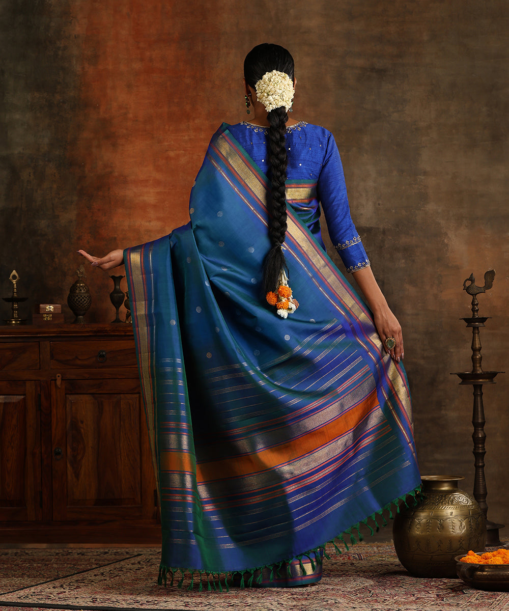 Handloom_Peacock_Blue_Pure_Silk_Kanjivaram_Saree_With_Pure_Zari_And_Veldhari_And_Rudraksh_Design_WeaverStory_04