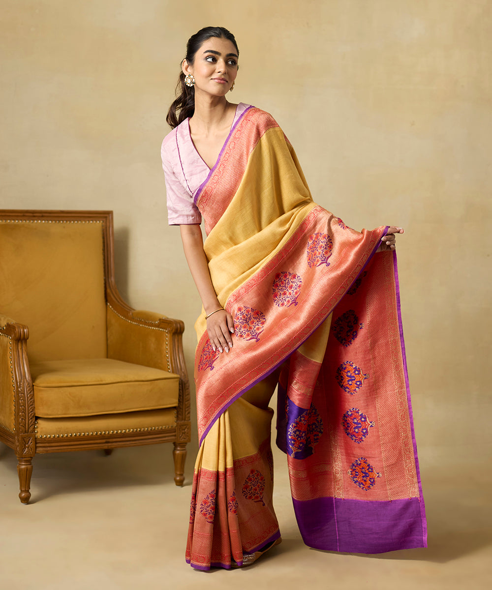 Mustard_Handloom_Pure_Tussar_Georgette_Banarasi_Saree_With_Broad_Meenakari_Border_WeaverStory_01