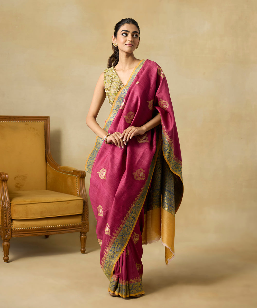 Wine_Handloom_Pure_Tussar_Georgette_Banarasi_Saree_With_Bottle_Green_Border_And_Mustard_Selvedge_WeaverStory_01