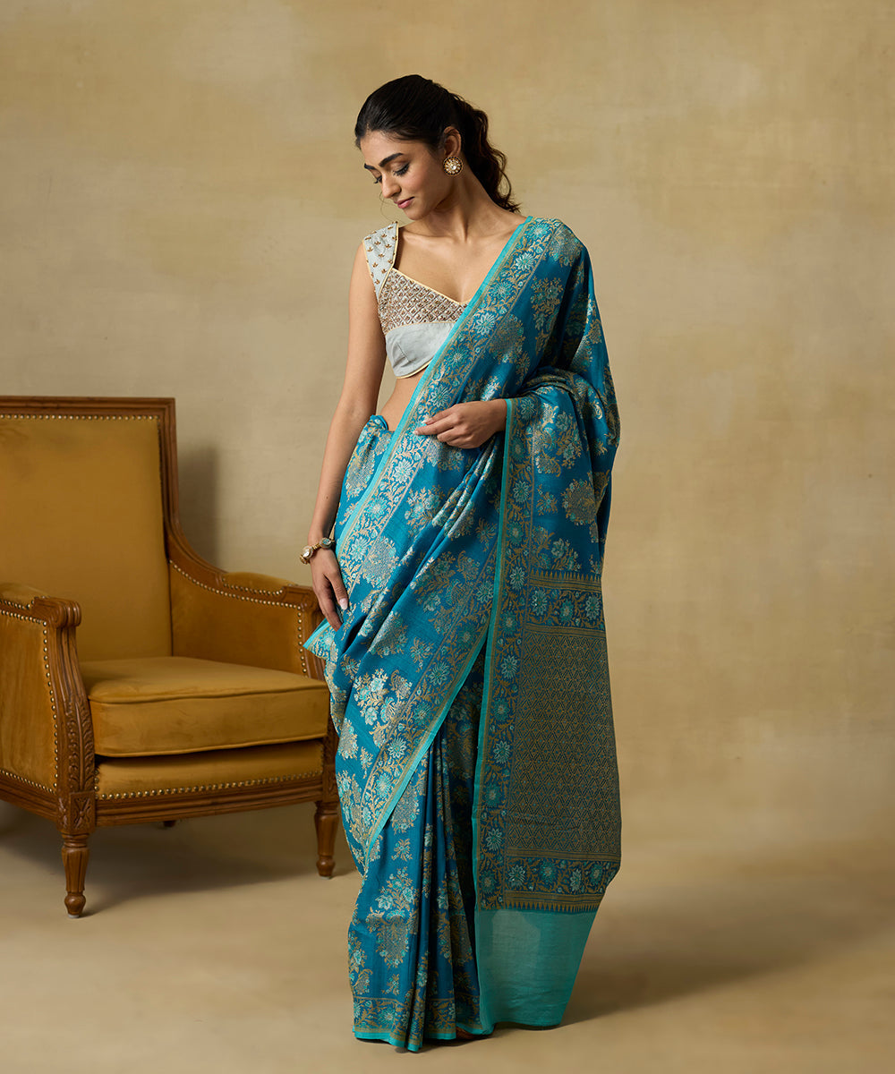 Turquoise_Blue_Handloom_Pure_Tussar_Georgette_Banarasi_Saree_With_Meenakari_WeaverStory_01