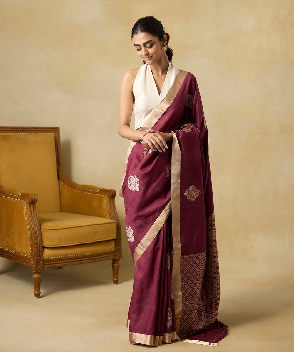 Wine_Pure_Tussar_Georgette_Banarasi_Handloom_Saree_With_Sona_Rupa_Zari_Kadhwa_Boota_WeaverStory_01