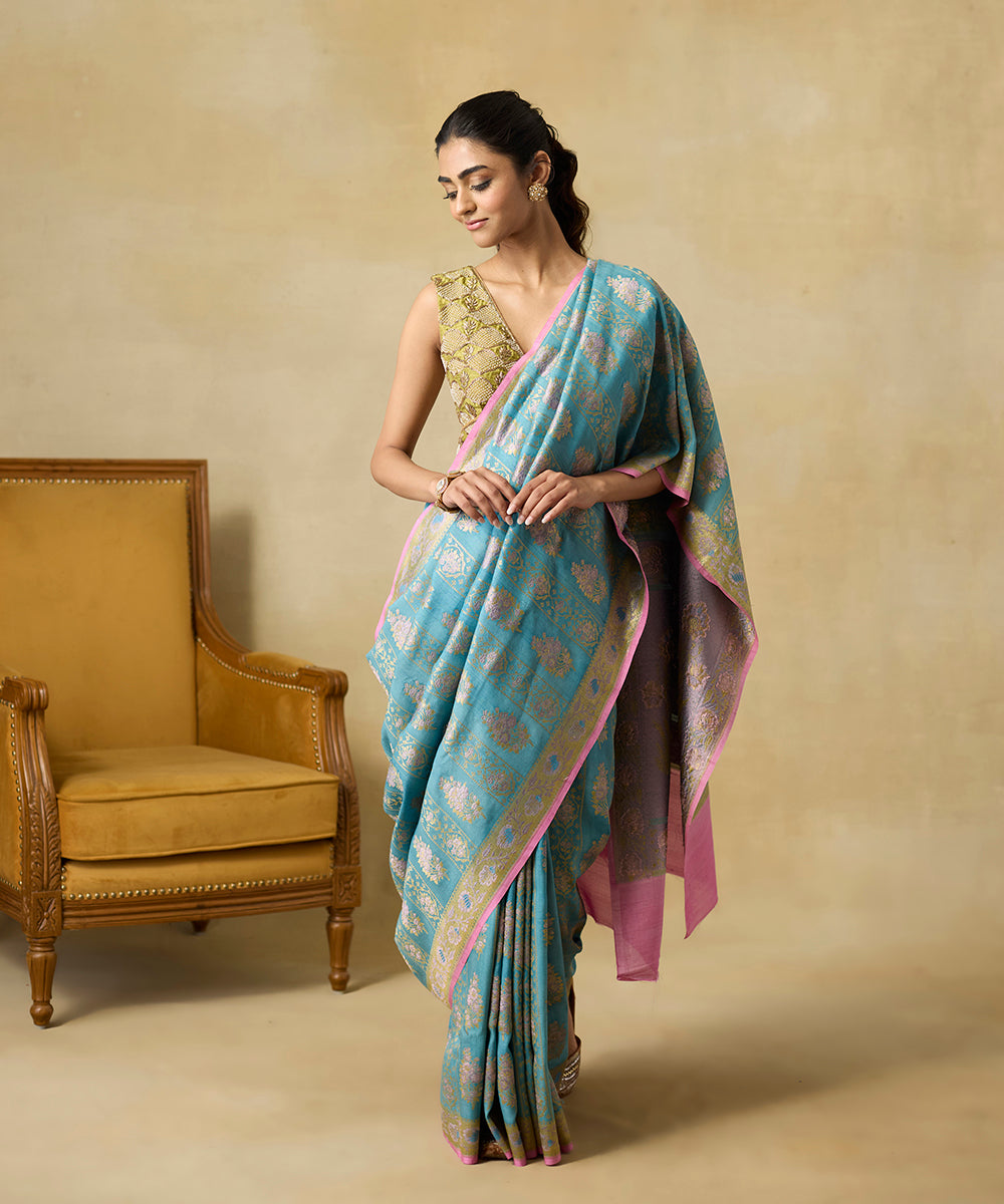 Pigeon_Blue_Handloom_Pure_Tussar_Georgette_Banarasi_Saree_With_Meenakari_Flowers_WeaverStory_01