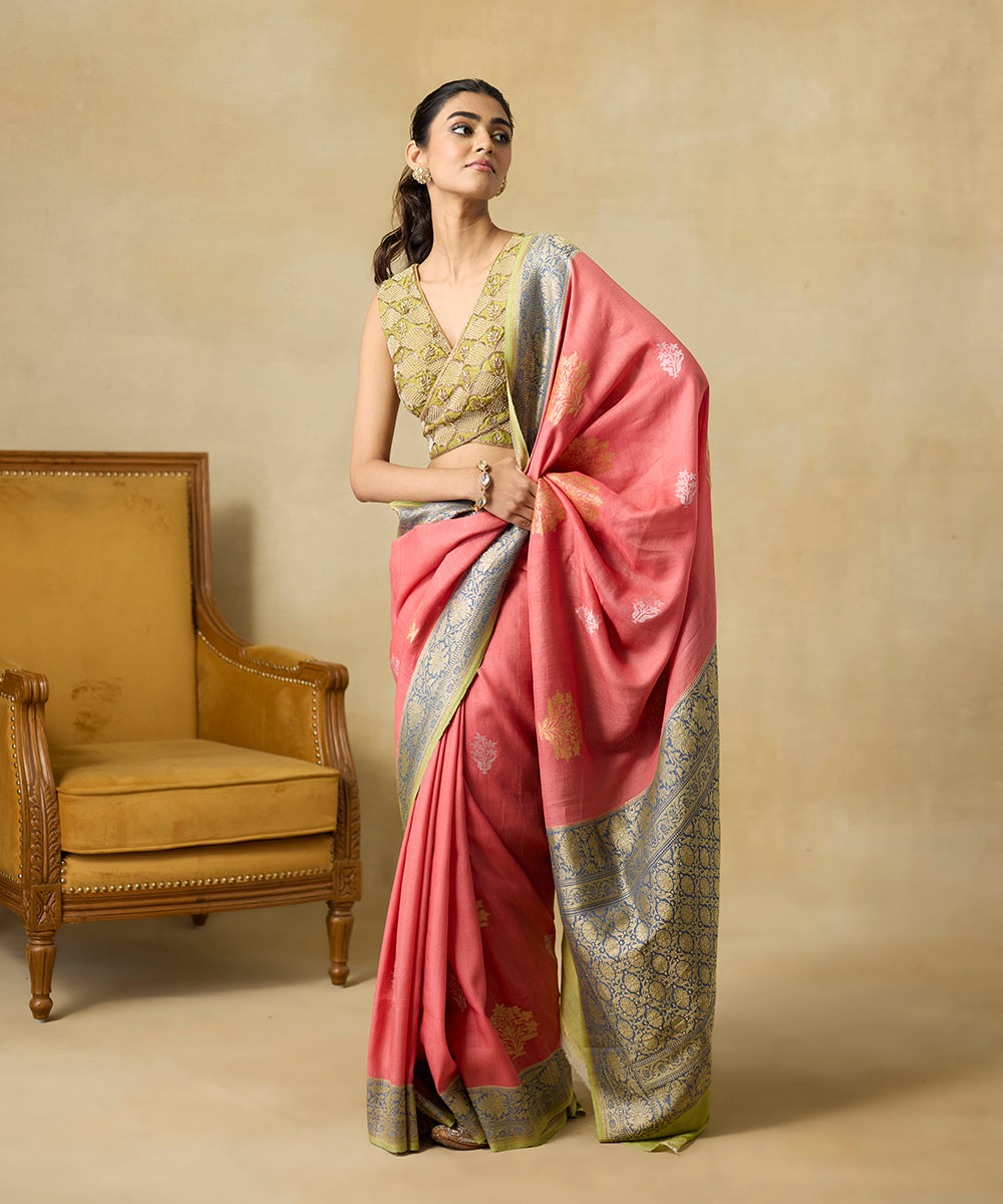 Coral_Pink_Pure_Tussar_Georgette_Banarasi_Handloom_Saree_With_Grey_Border_WeaverStory_01