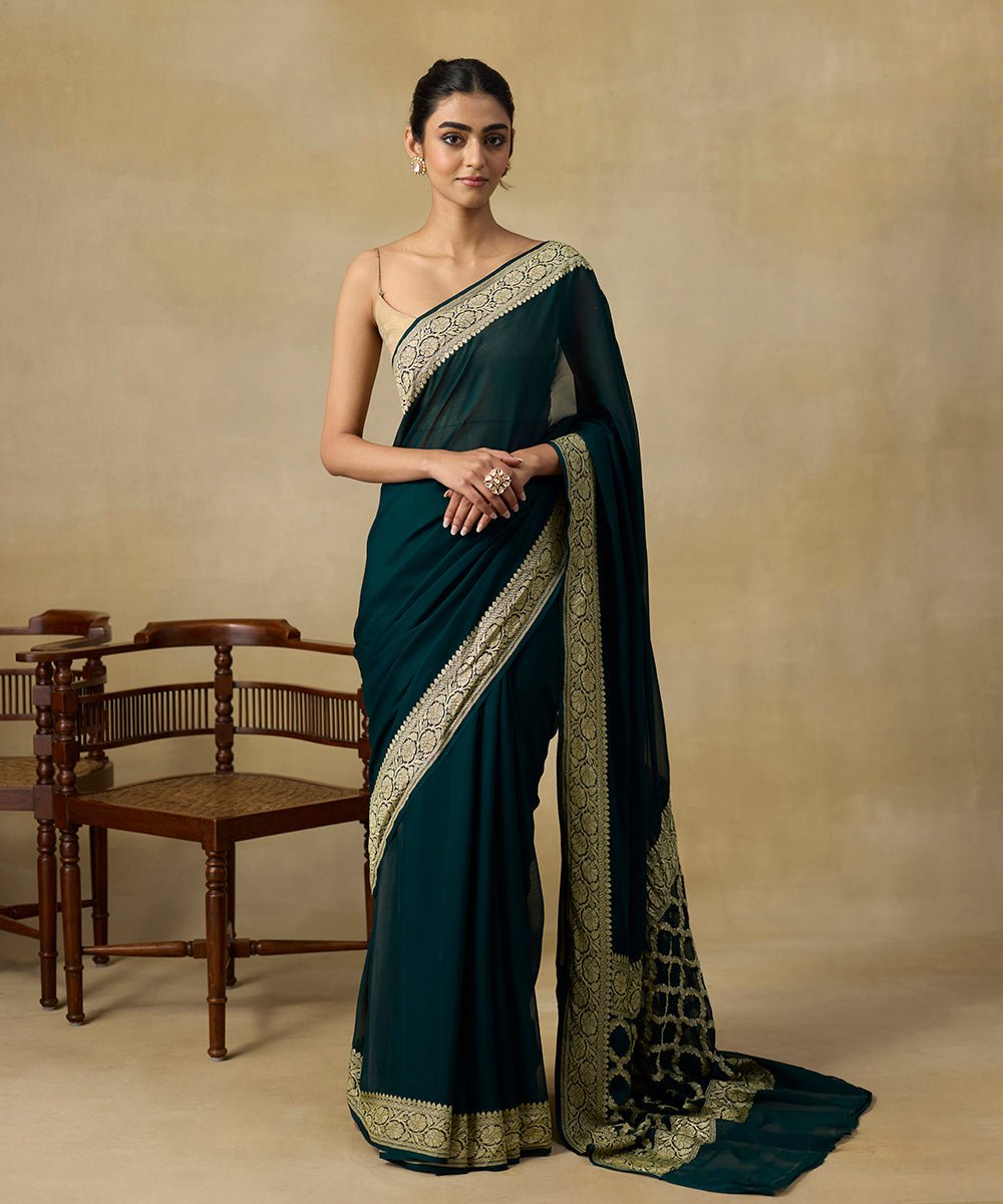 Bottle_Green_Handloom_Pure_Georgette_Banarasi_Saree_With_Floral_Border_WeaverStory_01
