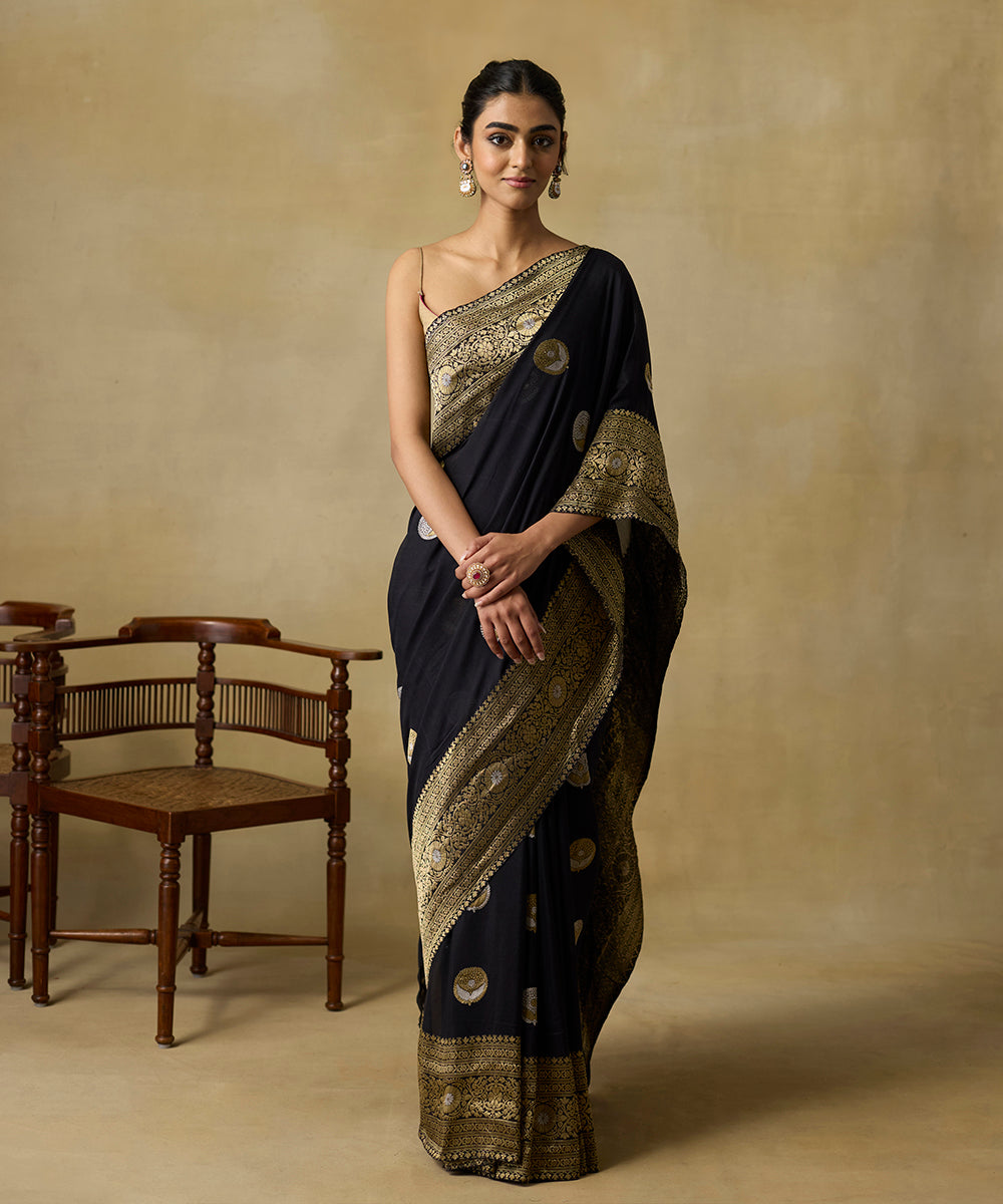Black_Pure_Handloom_Pure_Georgette_Banarasi_Saree_With_Sona_Rupa_Kadhwa_Boota_WeaverStory_01