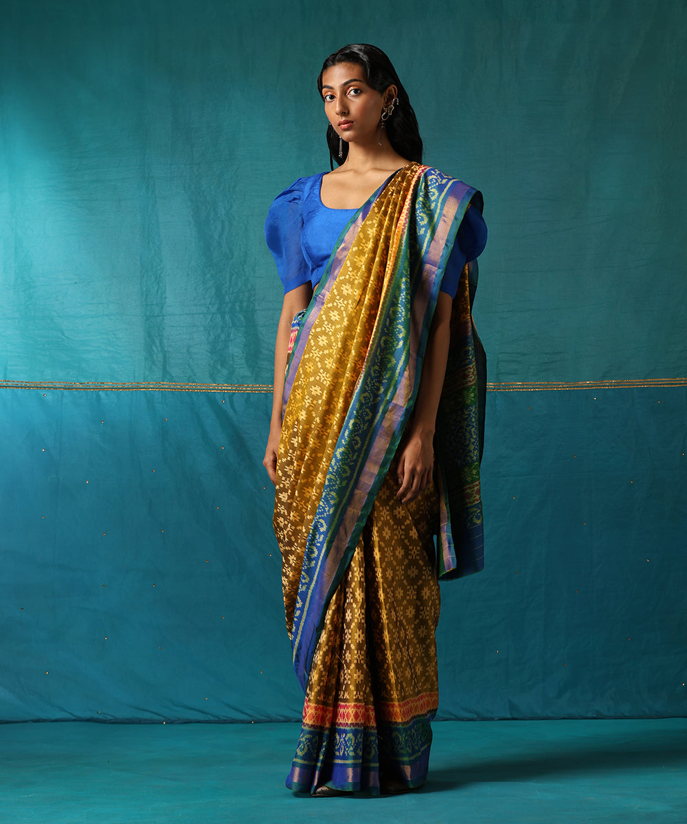 Mustard_Handloom_Pure_Mulberry_Silk_Ikat_Patola_Saree_With_Blue_Border_WeaverStory02