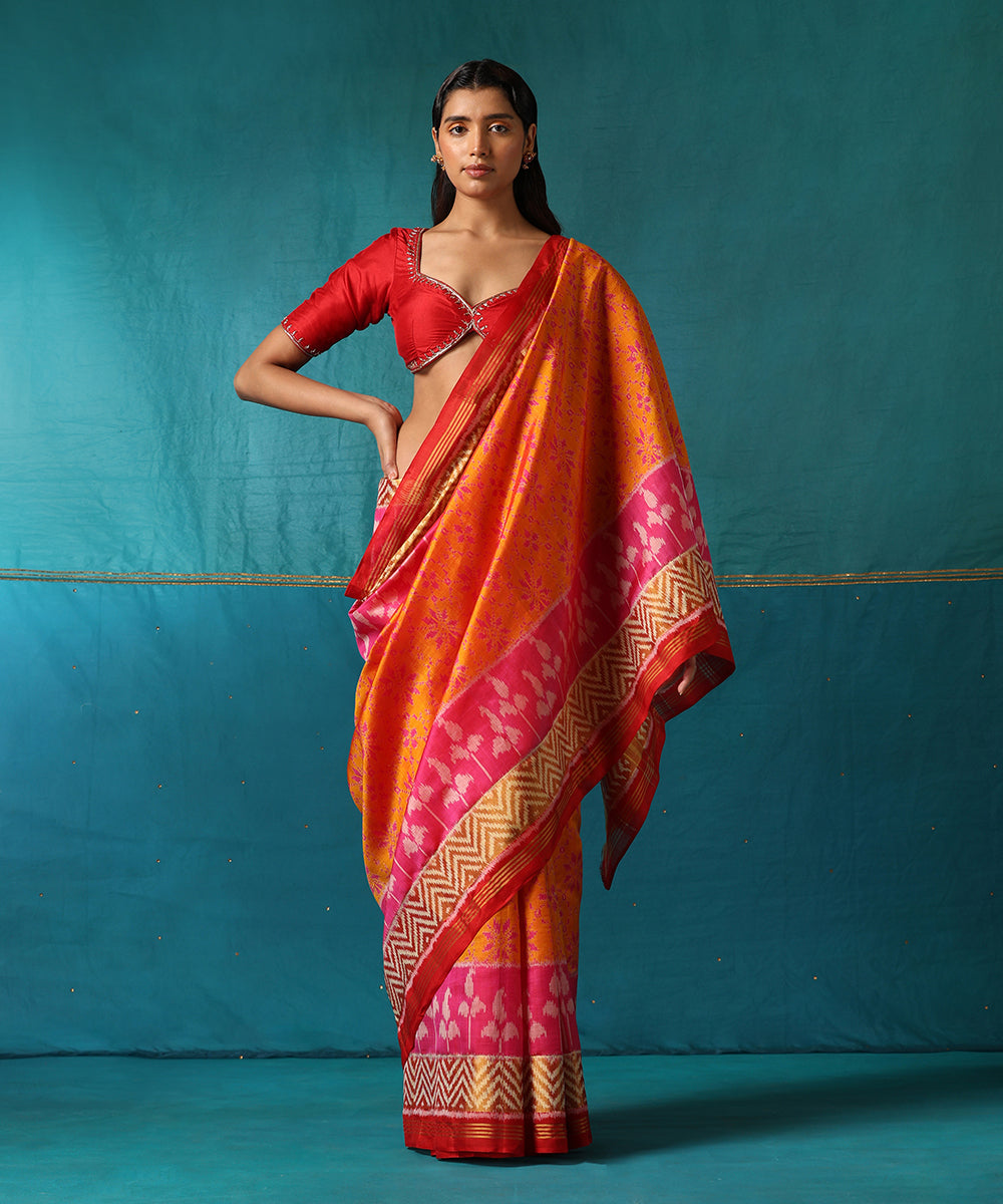 Yellow And Red Handloom Pure Mulberry Silk Ikat Patola Saree