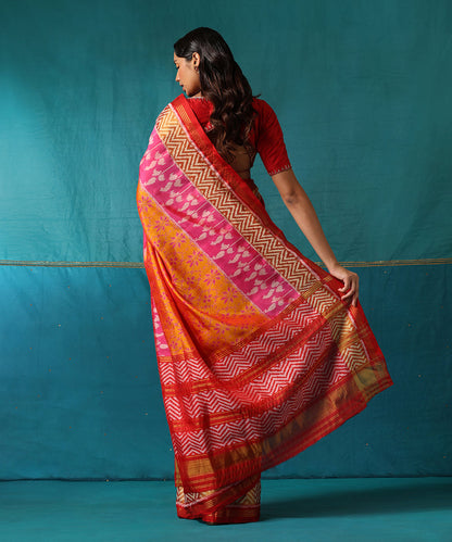 Yellow And Red Handloom Pure Mulberry Silk Ikat Patola Saree