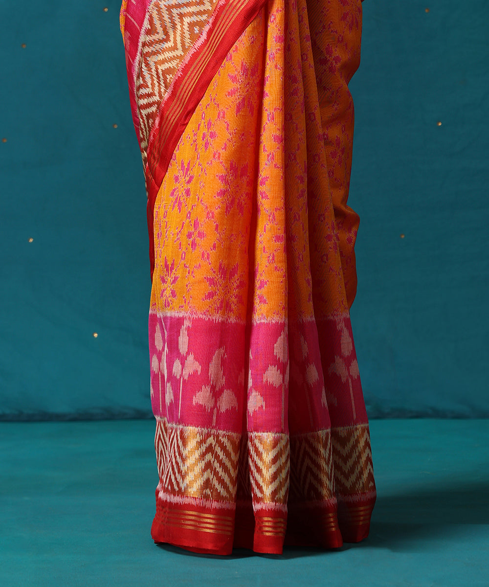 Yellow And Red Handloom Pure Mulberry Silk Ikat Patola Saree