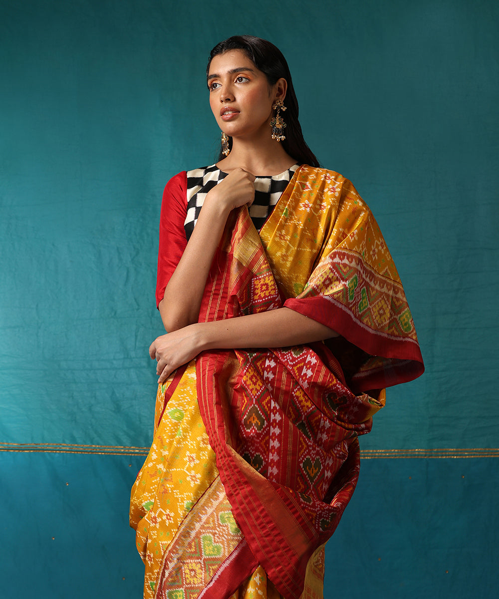 Mustard_Handloom_Pure_Mulberry_Silk_Ikat_Patola_Saree_With_Maroon_Border_And_Palla_WeaverStory01