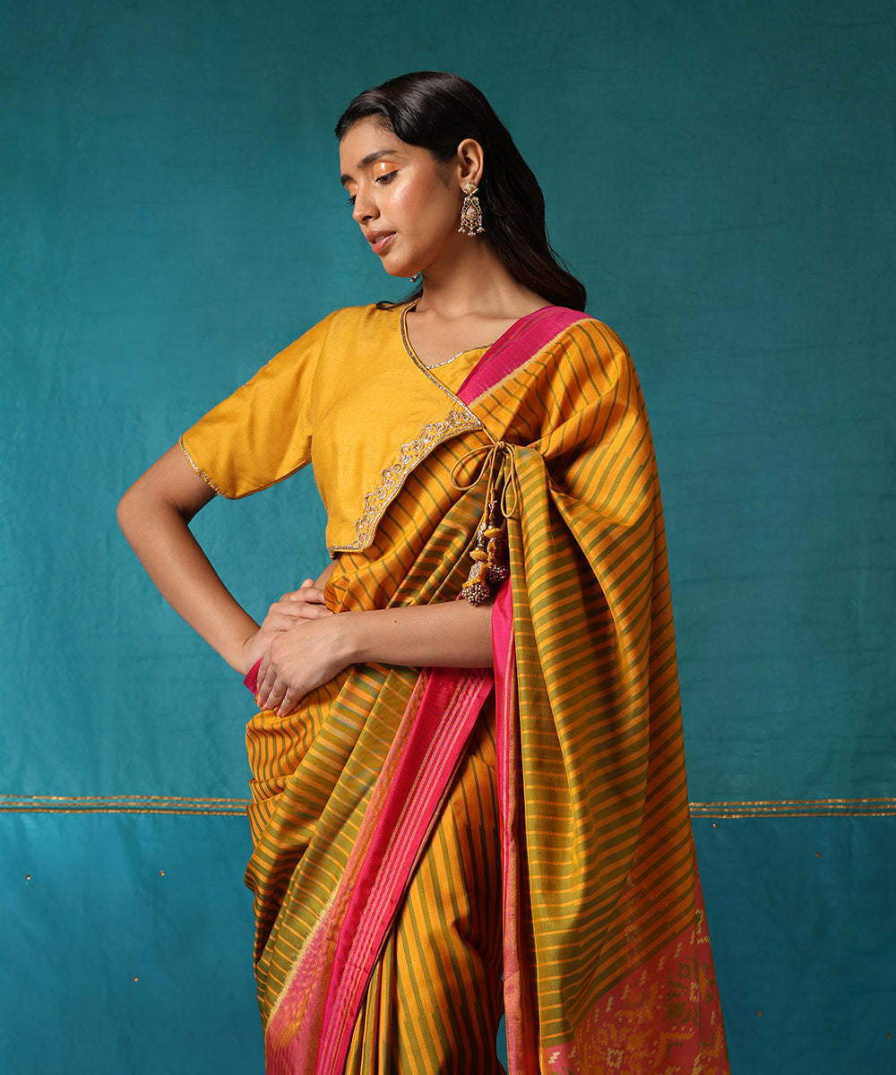 Pink_And_Yellow_Handloom_Striped_Pure_Mulberry_Silk_Ikat_Patola_Saree_With_Pink_Border_WeaverStory01