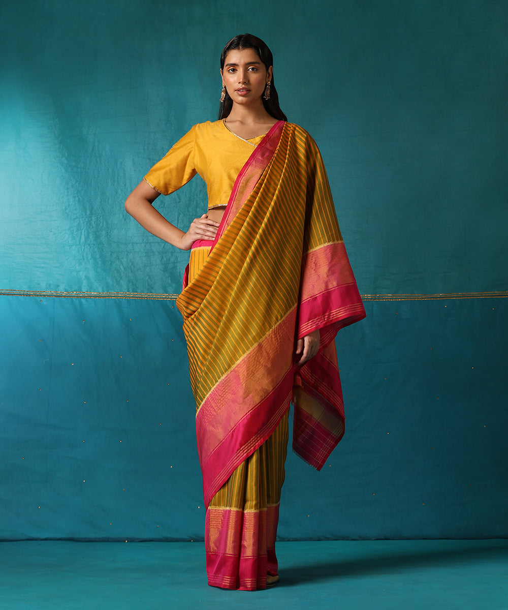 Pink_And_Yellow_Handloom_Striped_Pure_Mulberry_Silk_Ikat_Patola_Saree_With_Pink_Border_WeaverStory02