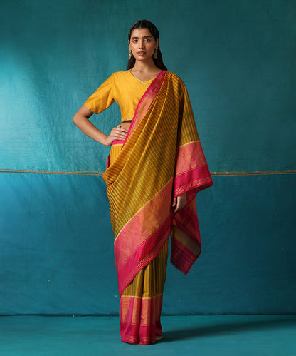 Pink_And_Yellow_Handloom_Striped_Pure_Mulberry_Silk_Ikat_Patola_Saree_With_Pink_Border_WeaverStory02