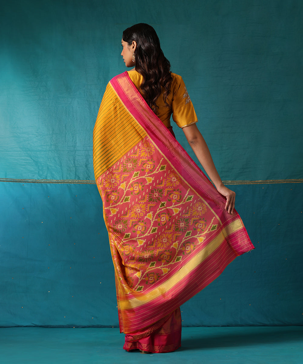 Pink_And_Yellow_Handloom_Striped_Pure_Mulberry_Silk_Ikat_Patola_Saree_With_Pink_Border_WeaverStory03