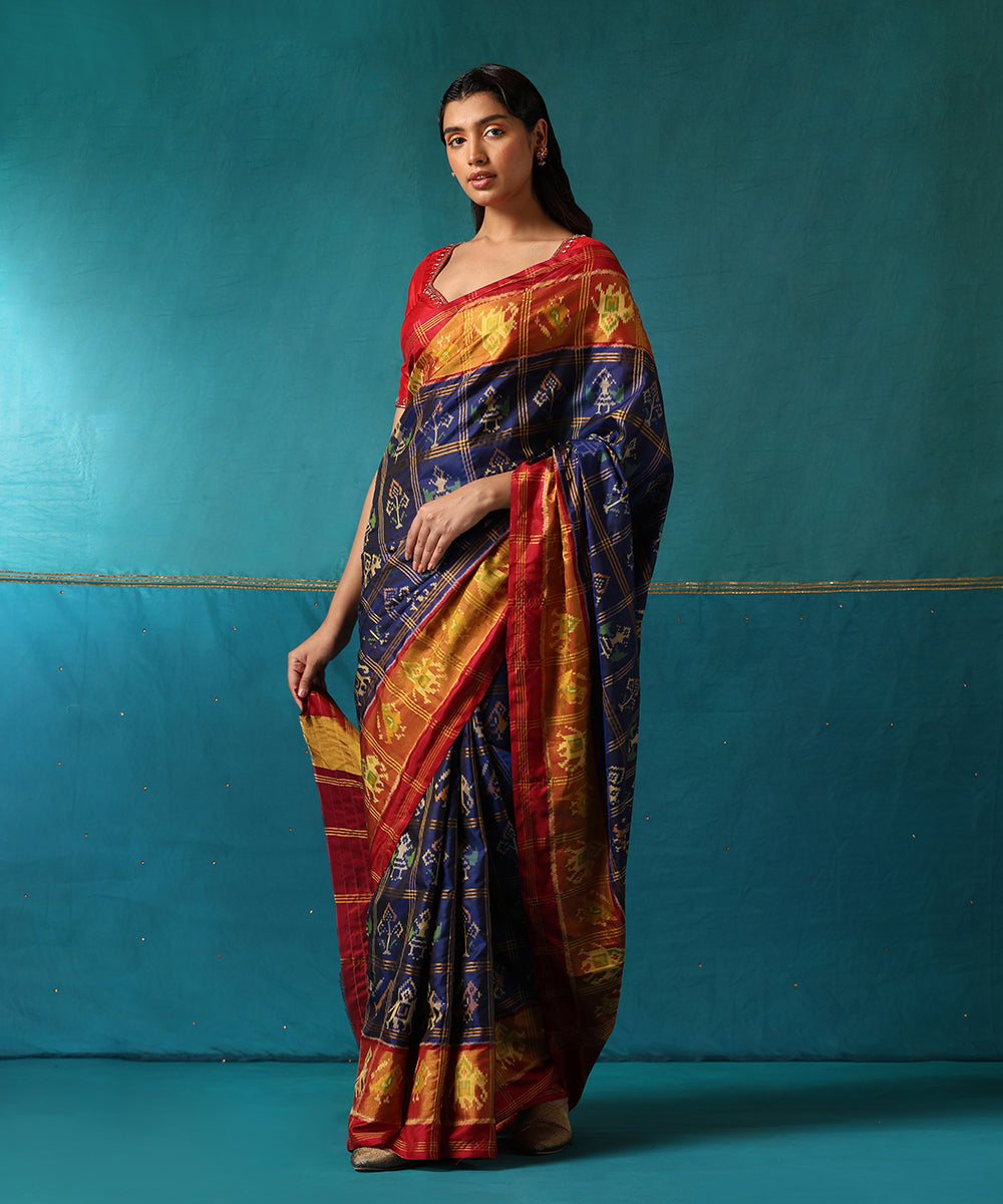 Handloom_Blue_And_Red_Pure_Mulberry_Silk_Ikat_Patola_Saree_With_Elephants_Motifs_WeaverStory02