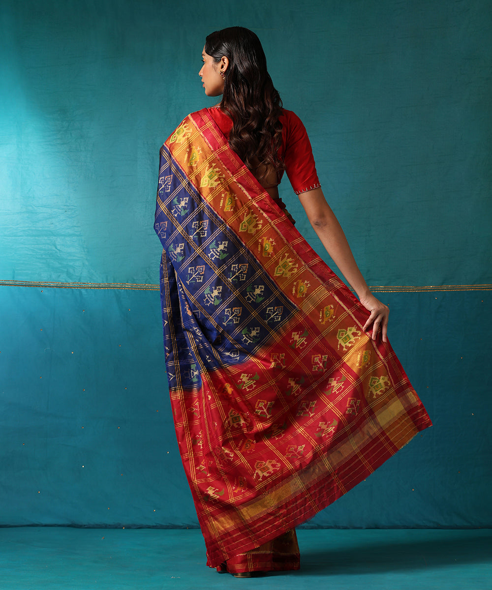 Handloom_Blue_And_Red_Pure_Mulberry_Silk_Ikat_Patola_Saree_With_Elephants_Motifs_WeaverStory03