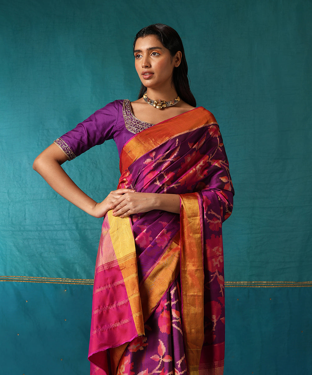 Purple_And_Pink_Handloom_Pure_Mulberry_Silk_Ikat_Patola_Saree_With_Floral_Motifs_WeaverStory01