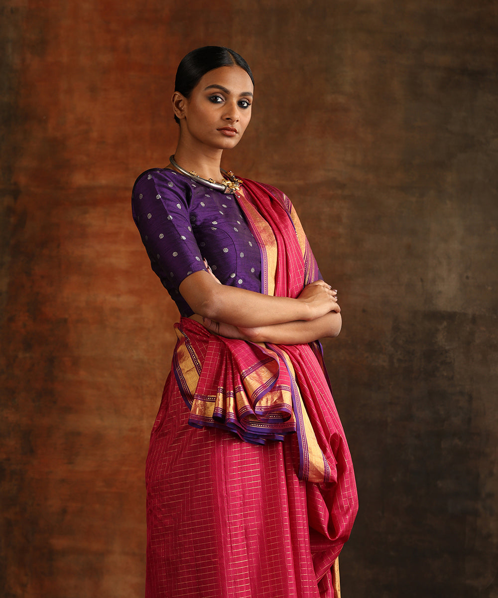 Magenta_Pure_Silk_Venkatagiri_Revival_Handloom_Revival_Saree_With_Zari_Checks_And_Petu_Border_WeaverStory_01