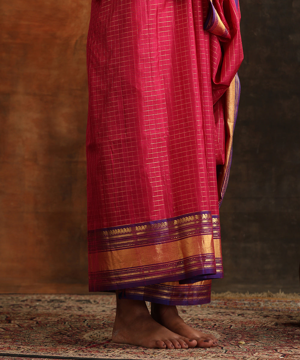 Magenta_Pure_Silk_Venkatagiri_Revival_Handloom_Revival_Saree_With_Zari_Checks_And_Petu_Border_WeaverStory_04