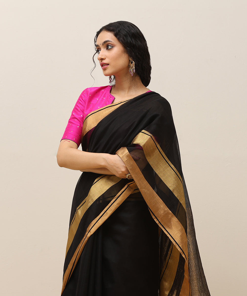 Black_Handloom_Plain_Pure_Cotton_Chanderi_Saree_With_Gold_Tissue_Border_WeaverStory_01