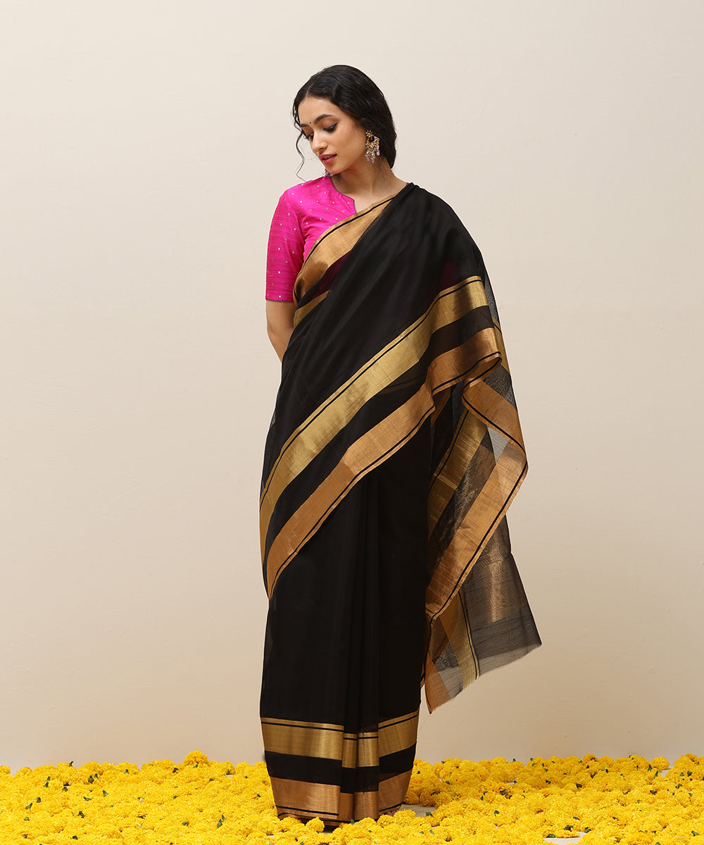 Black_Handloom_Plain_Pure_Cotton_Chanderi_Saree_With_Gold_Tissue_Border_WeaverStory_02