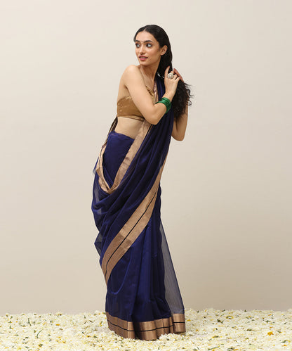 Handloom_Navy_Blue_Plain_Pure_Cotton_Chanderi_Saree_With_Gold_Tissue_Border_WeaverStory_02