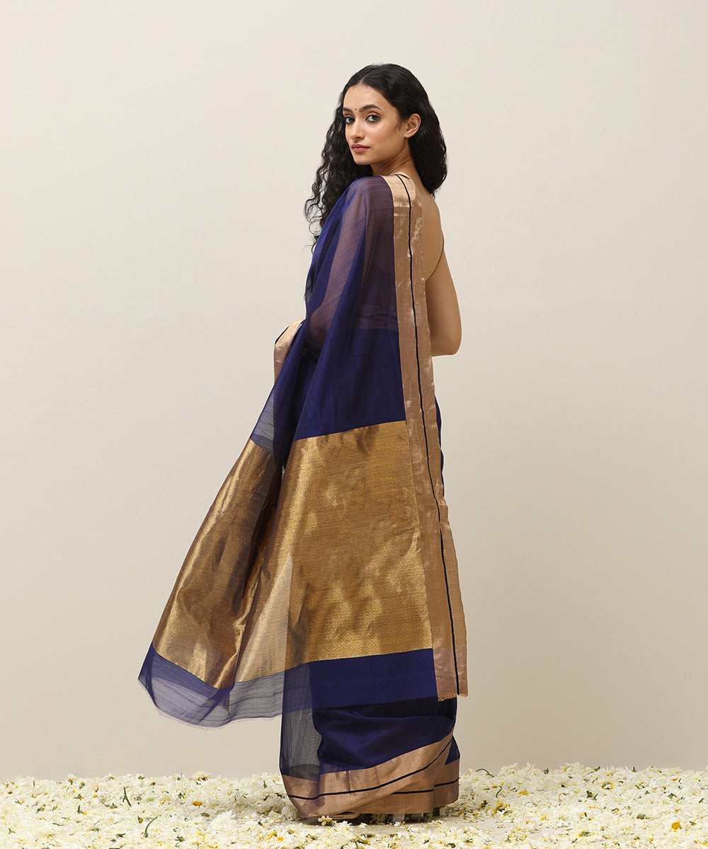 Handloom_Navy_Blue_Plain_Pure_Cotton_Chanderi_Saree_With_Gold_Tissue_Border_WeaverStory_03