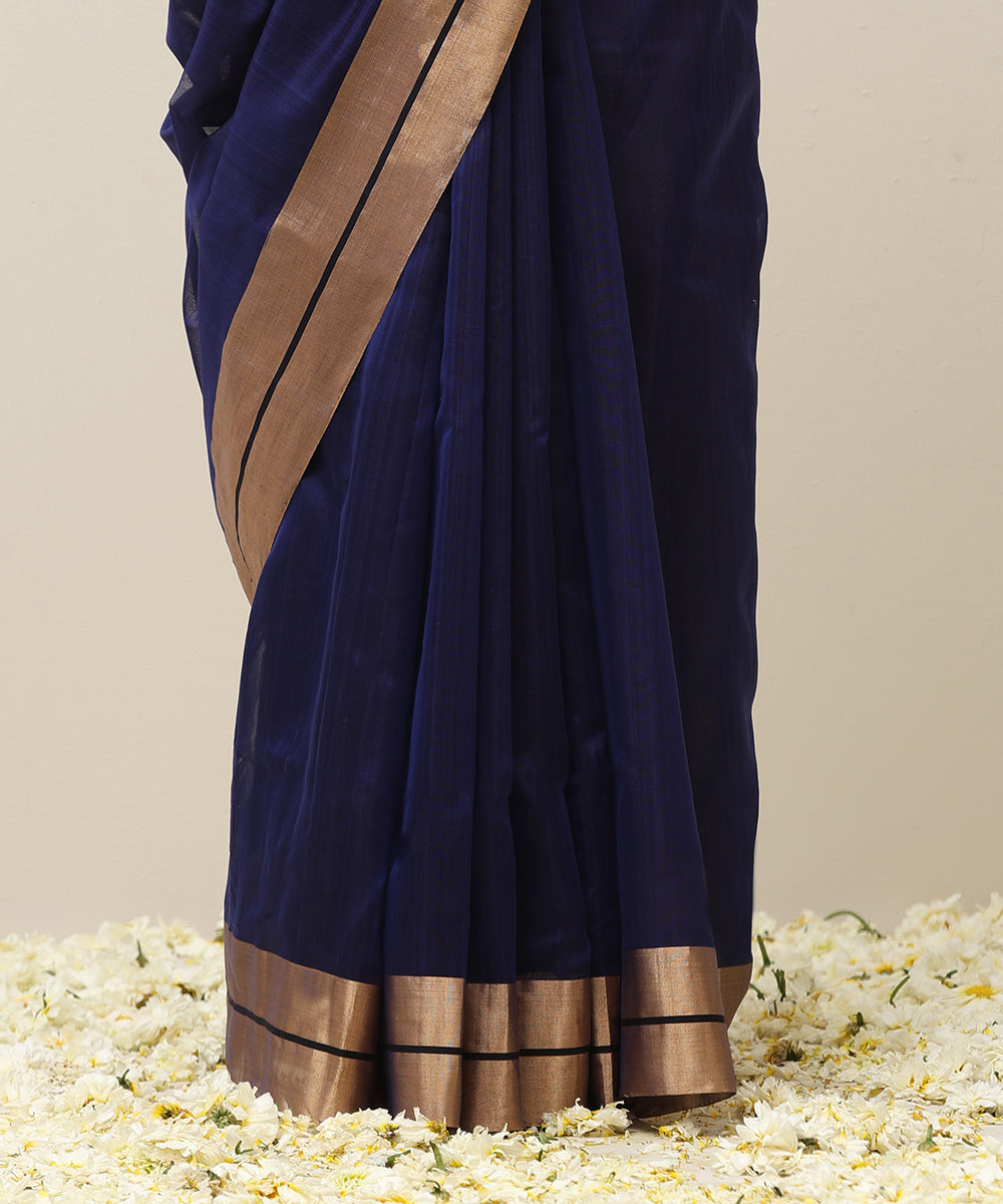 Handloom_Navy_Blue_Plain_Pure_Cotton_Chanderi_Saree_With_Gold_Tissue_Border_WeaverStory_04