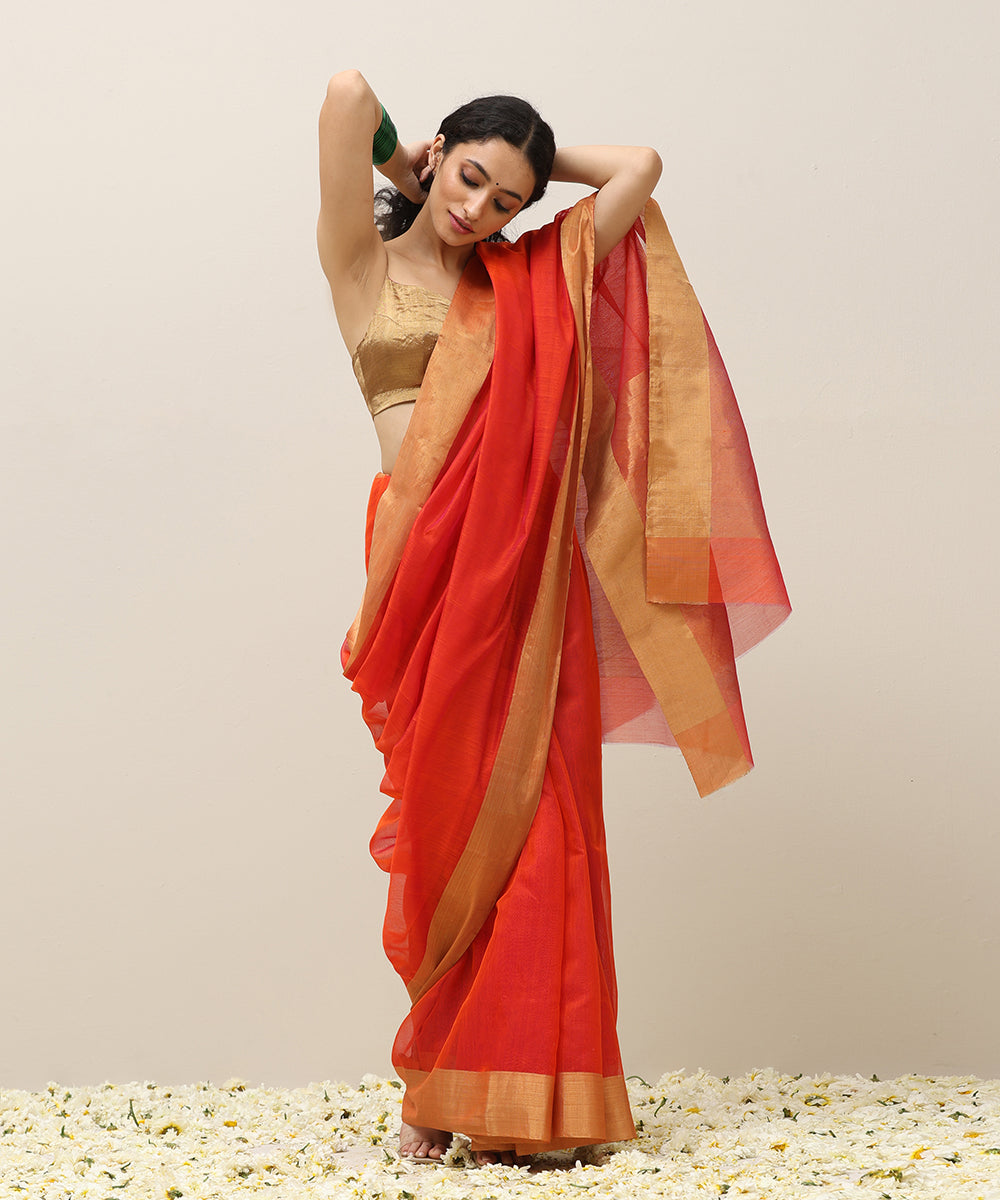 Handloom_Orange_Plain_Pure_Cotton_Chanderi_Saree_With_Gold_Tissue_Border_WeaverStory_02