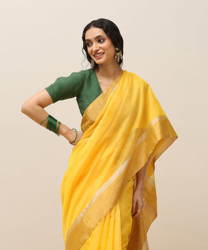 Handloom_Yellow_Plain_Pure_Cotton_Chanderi_Saree_With_Gold_Tissue_Border_WeaverStory_01