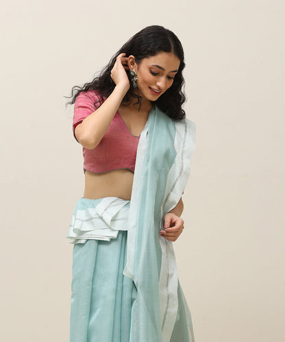 Handloom_Ice_Blue_Plain_Pure_Cotton_Chanderi_Saree_With_White_Border_WeaverStory_02