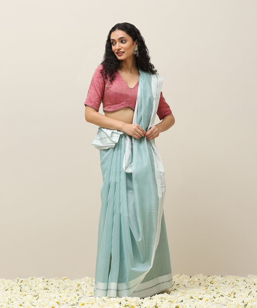 Handloom Ice Blue Plain Pure Cotton Chanderi Saree With White Border