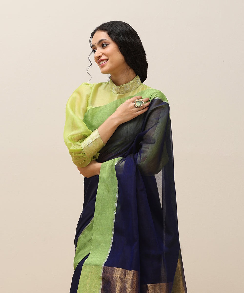 Ink_Blue_Handloom_Plain_Pure_Cotton_Chanderi_Saree_With_Green_Border_WeaverStory_01