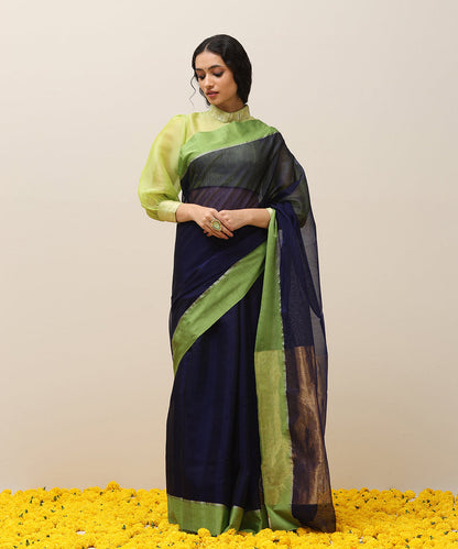 Ink_Blue_Handloom_Plain_Pure_Cotton_Chanderi_Saree_With_Green_Border_WeaverStory_03