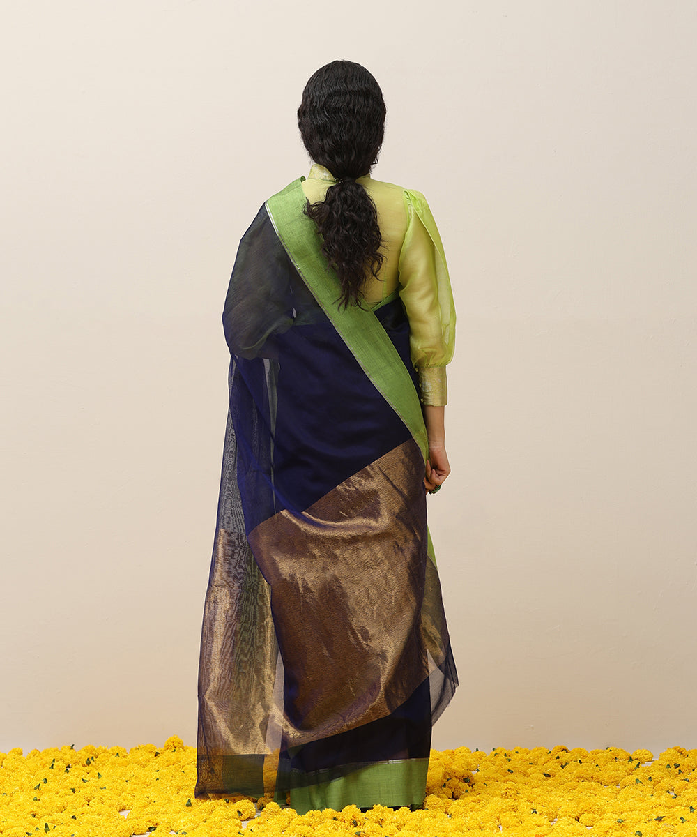 Ink Blue Handloom Plain Pure Cotton Chanderi Saree With Green Border