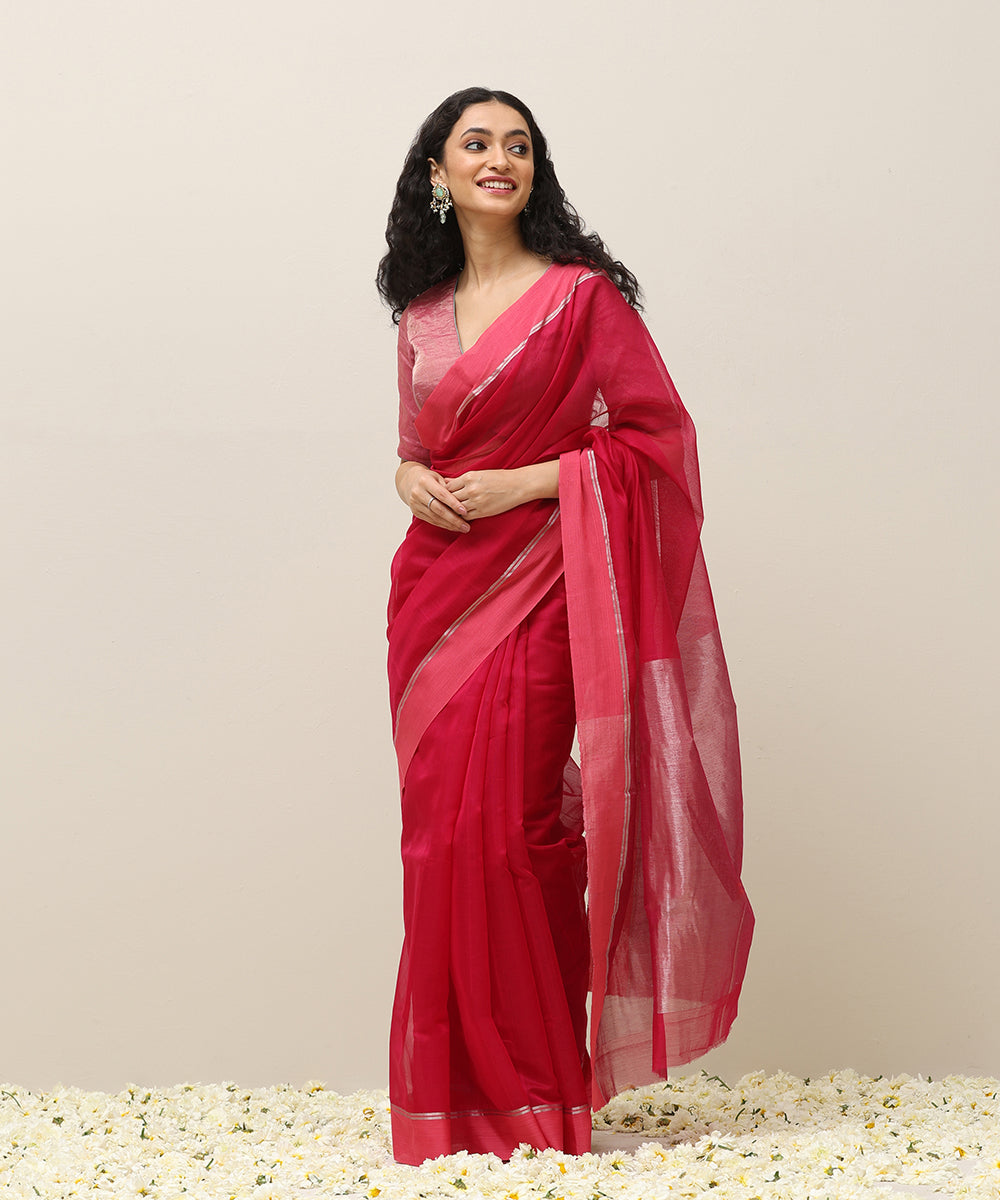 Pink_Handloom_Plain_Pure_Cotton_Chanderi_Saree_With_Peach_Border_And_Silver_Stripe_WeaverStory_02