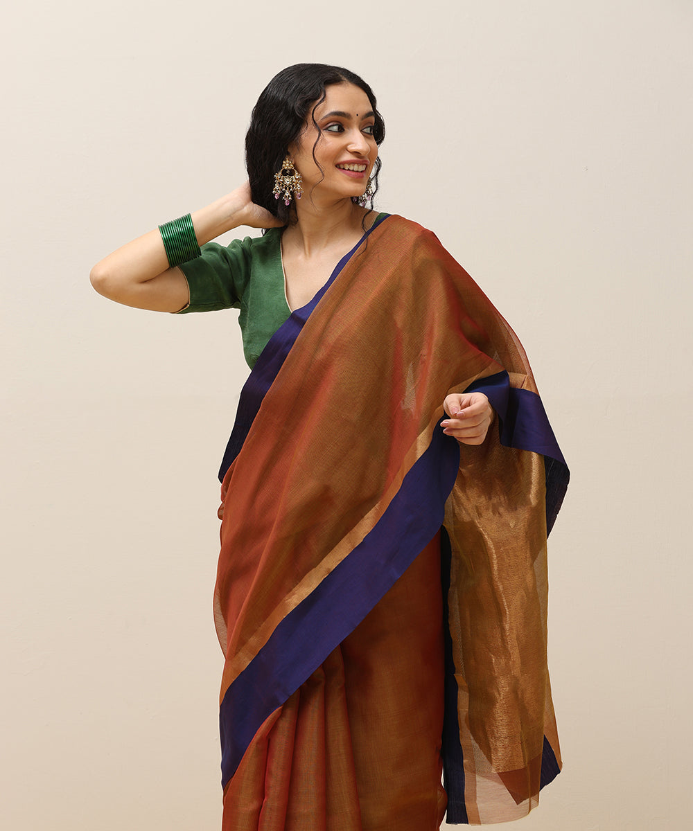 Brown_Handloom_Plain_Pure_Cotton_Chanderi_Saree_With_Blue_Border_WeaverStory_01