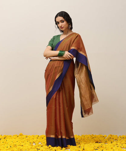 Brown_Handloom_Plain_Pure_Cotton_Chanderi_Saree_With_Blue_Border_WeaverStory_02